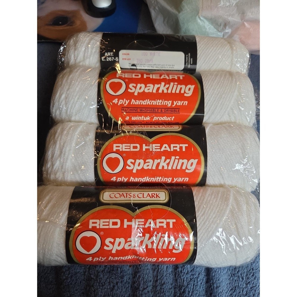 Vintage Red Heart Sparkling Wintuk 4 Ply Yarn - 4 Skein #100 White Washable